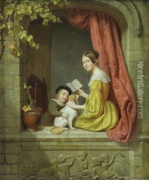 Woman With Boy And Dog In Window Oil Painting - Charles Brias
