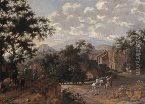 An Italianate Mountainous Landscape With Horsemen Entering A Village Oil Painting - Pieter Cosyn