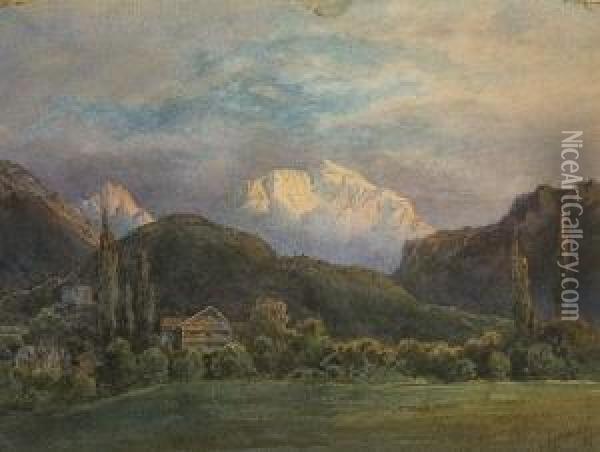 Gebirgslandschaft Im Abendlicht. Oil Painting - Theodor August Liebler