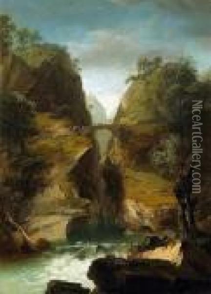 A Gorge In A Rocky Landscape 
With A Waterfall And A Fisherman In The Foreground, Travellers Crossing A
 Bridge Beyond Oil Painting - Heinrich Wust