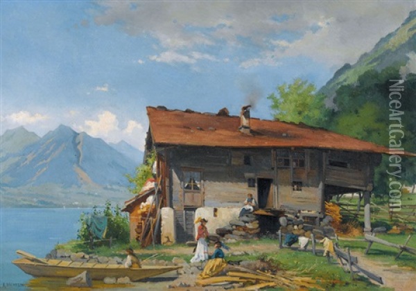 Sonniges Seeufer Mit Bauernhaus Und Staffage Oil Painting - Auguste Bachelin