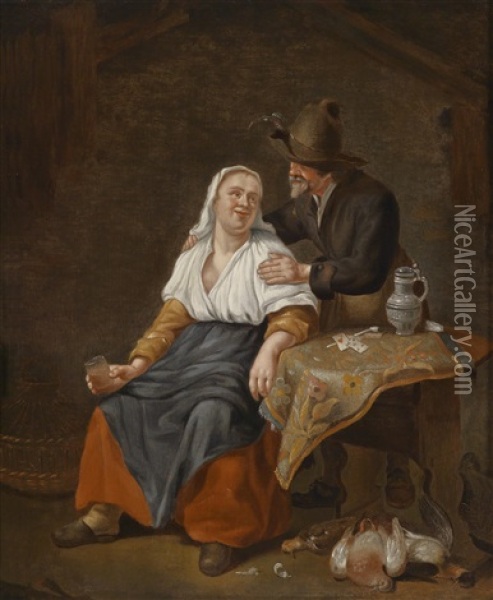 Wirtshausszene Mit Karessierendem Paar Oil Painting - Matheus van Helmont