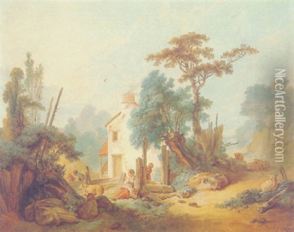 A Shepherdess Resting In A Landscape Oil Painting - Jean Baptiste Huet