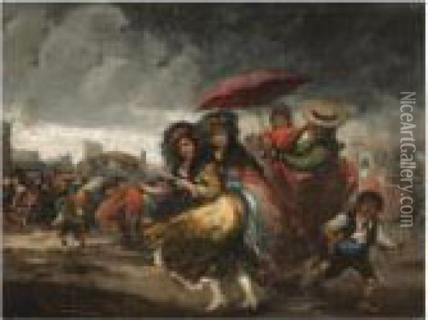 Corrida Suspendida Por La Lluvia (bullfight Suspended By The Downpour) Oil Painting - Eugenio Lucas Villamil