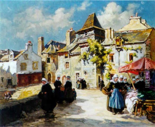 Le Faouet - Jour De Marche Aux Etoffes Oil Painting - Henri Alphonse Barnoin