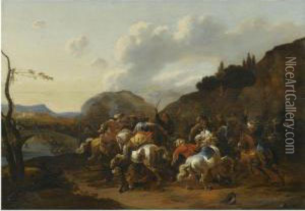 A Battle Skirmish Between Christians And Turks Oil Painting - Simon Johannes van Douw