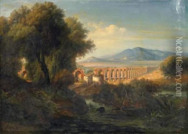 Southern Italian Landscape With Aquaduct Oil Painting - Carl Mantel