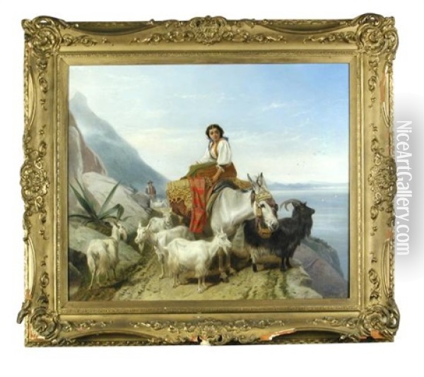 A Spanish Coastal Scene, With A Peasant Girl Upon A Donkey With A Goatherd Beyond Oil Painting - Richard Ansdell