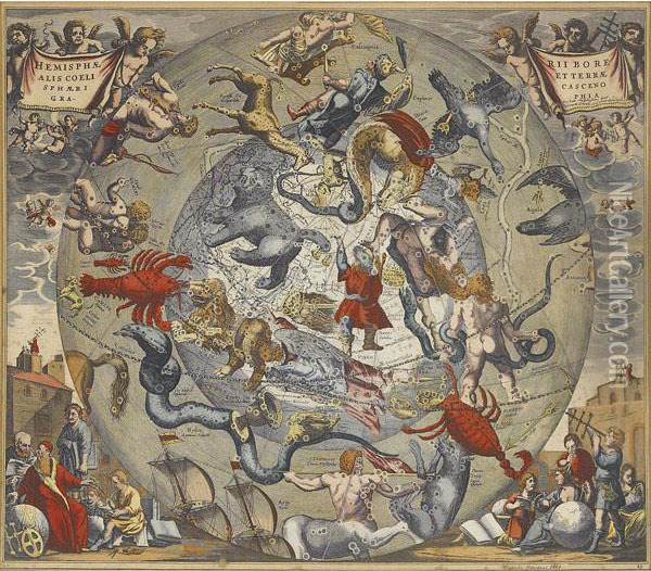 Hemisphae Rii Bore Alis Coeli Et Terrae Oil Painting - Hendrick I Hondius