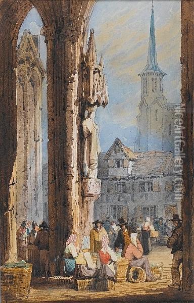 Figures In A Town Square Oil Painting - Samuel Prout
