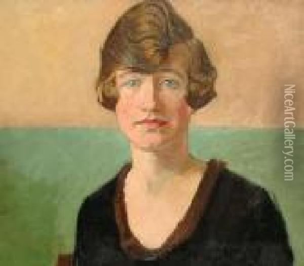 Portrait Of Lady With Green Background. Oil Painting - William Rothenstein
