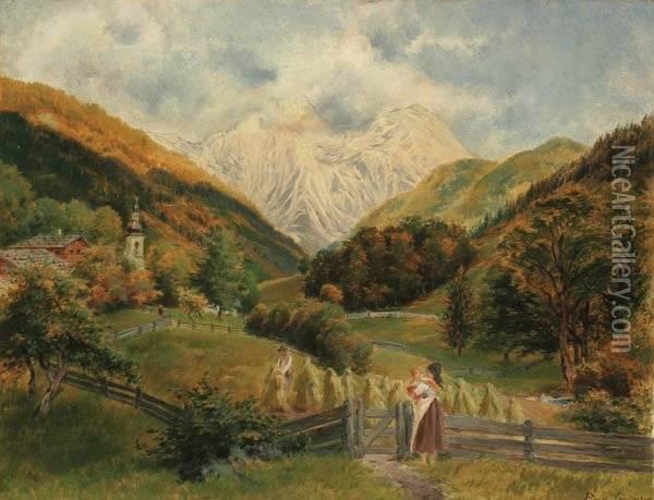 Alpine Village Landscape-1901 Oil Painting - Rudolf Geissler