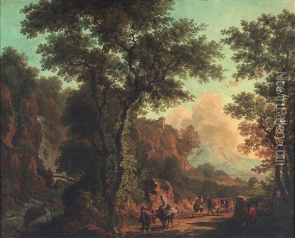 Landschaft Mit Wasserfall, Wanderndem Bauern U. Kl. Burg Auf Dem Berg Oil Painting - Victor de Grailly