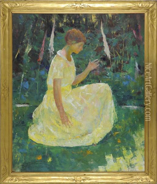 Portrait Of A Woman Dressed In Yellow Seated In A Forest Landscape Oil Painting - Charles Webster Hawthorne
