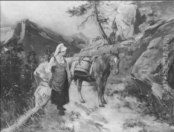 Woman With A Pack Horse On A Mountain Path Oil Painting - Axel Ender