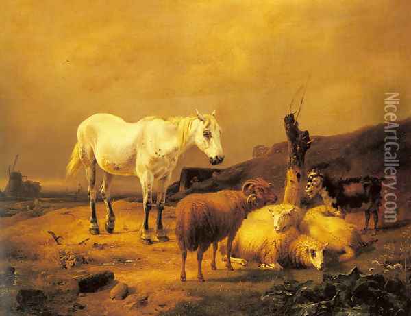 A Horse, Sheep and a Goat in a Landscape Oil Painting - Eugene Verboeckhoven