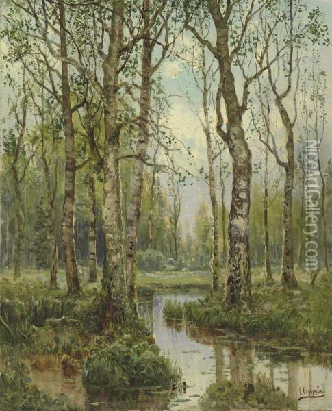 A Stream Running Through A Birch Wood Oil Painting - Semyon Feodorovich Feodorov