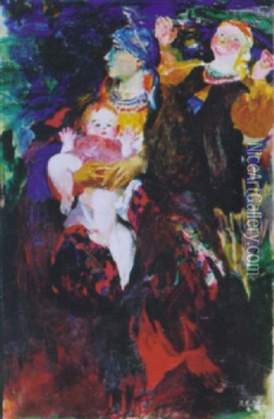 Grandmother With Daughter And Baby Oil Painting - Filip Malyavin