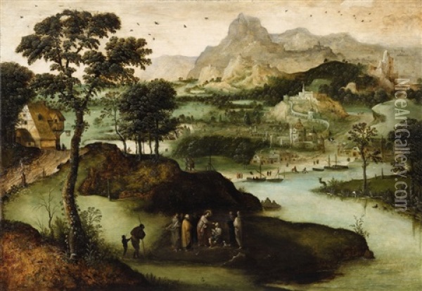 A Panoramic Landscape With Christ Healing The Blind Man Oil Painting - Lucas Gassel