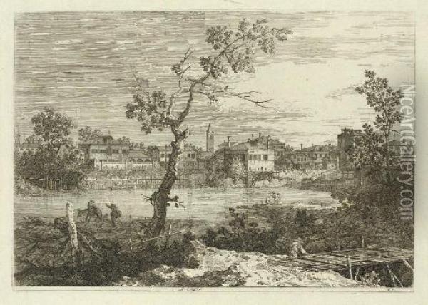 View Of A Town On A River Bank (bromberg 9) Oil Painting - (Giovanni Antonio Canal) Canaletto