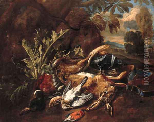 A hunting still life with a hare, a mallard and songbirds in a landscape Oil Painting - Bernaert De Bridt