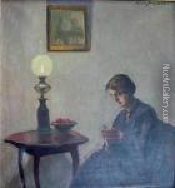 Woman Knitting Oil Painting - Poul Friis Nybo