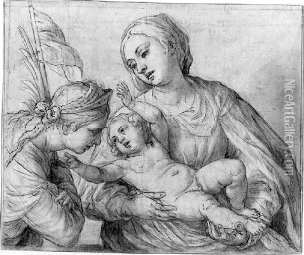 The Madonna And Child And A Female Saint Oil Painting - Alessandro Turchi