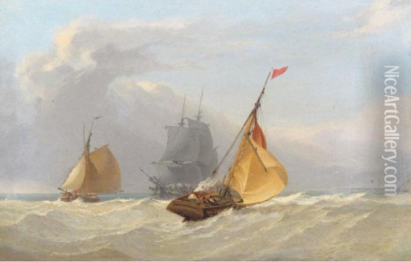 Sailing Boats With Brig In The Background Oil Painting - Miles Edmund Cotman