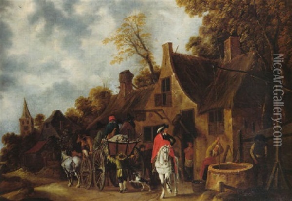 An Elegant Traveller On A Greyhorse And Peasants On A Horse And Wagon Halting By An Inn In A Village Oil Painting - Nicolaes Molenaer