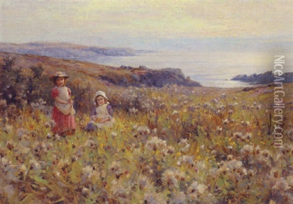 Children Gathering Flowers Near The Coast Oil Painting - Harold Joseph Swanwick