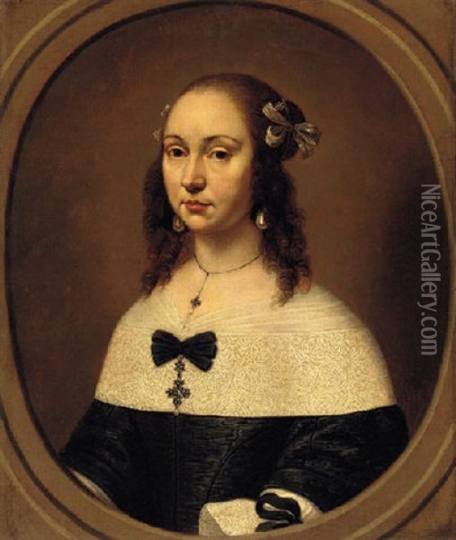 Portrait Of A Lady In A Black Dress And A White Lace Collar Oil Painting - Jan De Bray