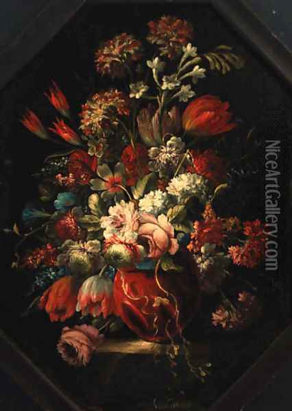 Flowers in a vase on a ledge Oil Painting - Gasparo Lopez