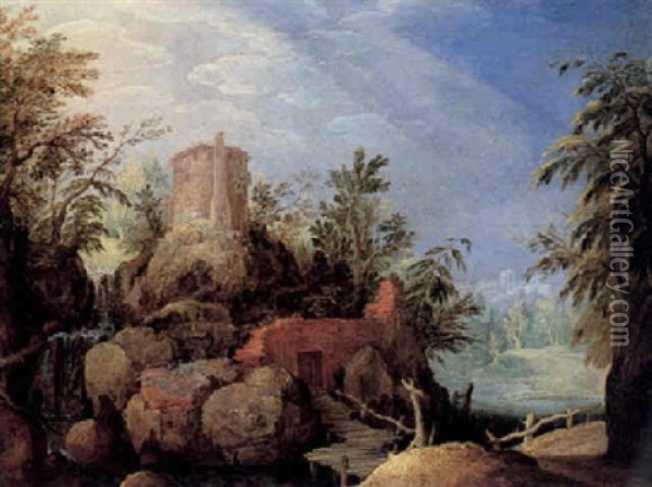 A Rugged, Rocky River Landscape With Trees And Ruins By A Rustic Bridge Oil Painting - Paul Bril