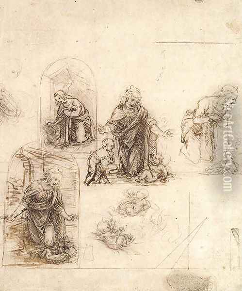 Studies For A Nativity Oil Painting - Leonardo Da Vinci
