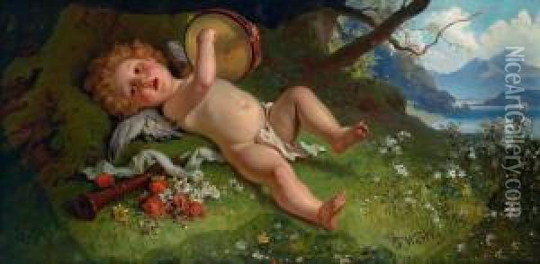 Cupido Suonando Il Tamburino. Firmato J. Watter Oil Painting - Joseph Watter