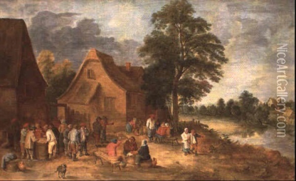 Reunion De Villageois A La Porte De L'auberge Oil Painting - Theobald Michau