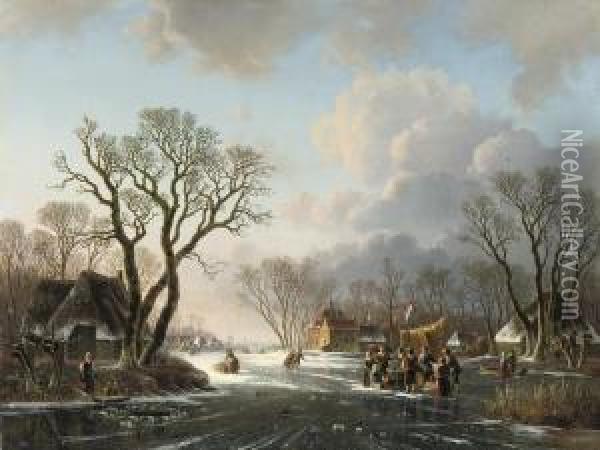 Gathering By The Koek-en-zopie On A Winter's Day Oil Painting - Willem De Klerk