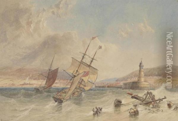 Trading Vessels In A Heavy Swell Off Berwick-on-tweed Oil Painting - John Wilson Carmichael