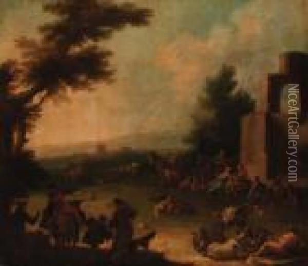 An Italianate Landscape With Travellers And Shepherds By Aruin Oil Painting - Nicola Viso