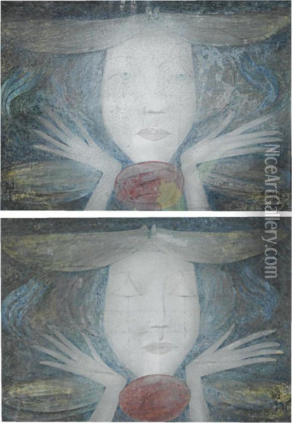 'girl With Eyes Shut' And 'girl With Eyes Open': A Pair Oil Painting - Margaret MacDonald Mackintosh