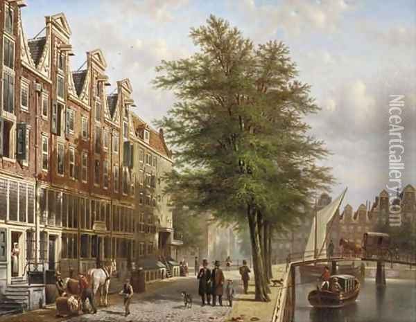 Daily activities along a canal in a Dutch city, Amsterdam Oil Painting - Johannes Franciscus Spohler