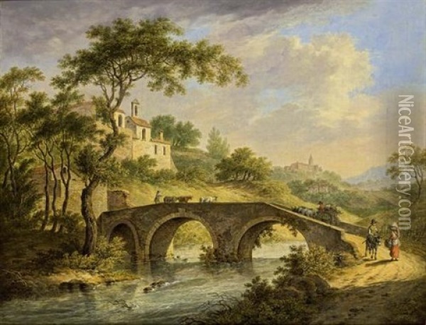 An Italianate Landscape With An Ox-drawn Cart And A Shepherd And His Cattle On A Bridge, Other Travellers Nearby And A View Of A Walled Town Nearby Oil Painting - Daniel Dupre