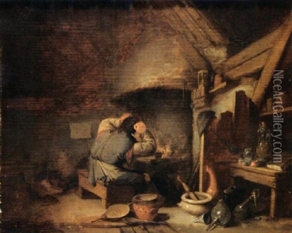 An Alchemist Near A Fireplace In His Studio Oil Painting - Adriaen Jansz van Ostade