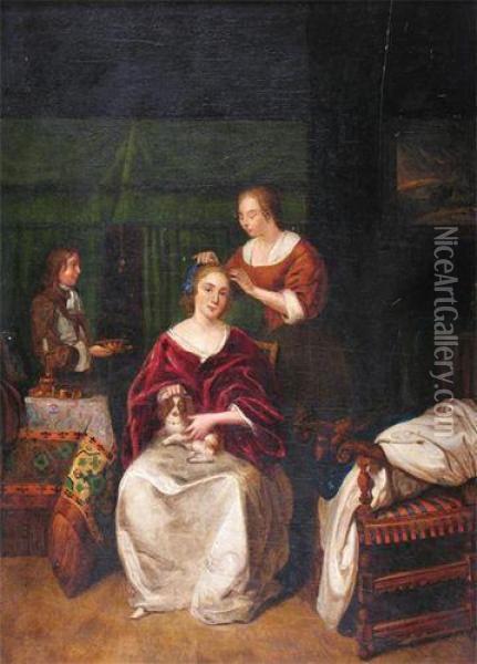 Interior Scene Of A Seated Lady Having Her Hair Dressed Oil Painting - Pieter De Hooch