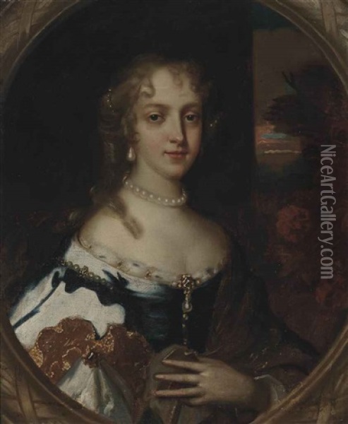 Portrait Of A Lady, Half-length, In A Blue Dress With Fur Trim, And Pearls, In A Painted Oval Oil Painting - Jacob Huysmans