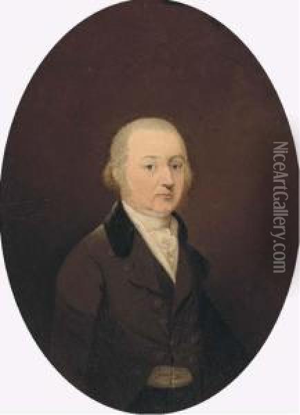 Portrait Of A Gentleman, Half-length, In A Dark Olive Coat Withblack Collar Oil Painting - Francis Alleyne
