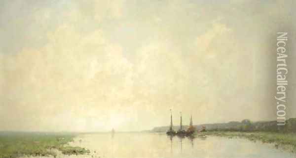 Moored boats on a river at dawn, Renkum Oil Painting - Cornelis Kuypers