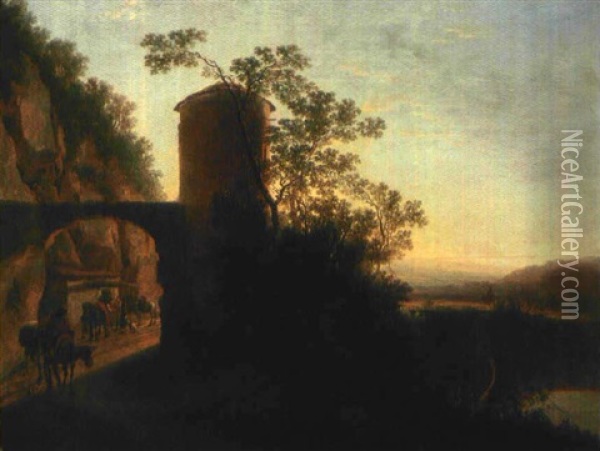 Italienische Landschaft Mit Steinerner Brucke Mit Einem Turm Oil Painting - Jan Dirksz. Both