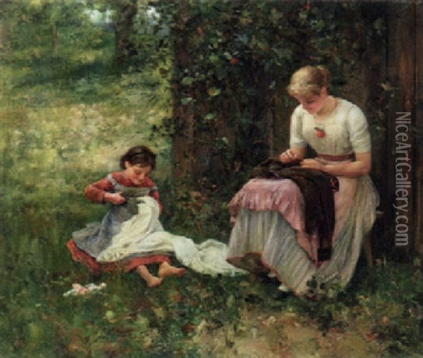 Im Garten. Mutter Und Tochterchen Sitzend Oil Painting - Ernst Nowak