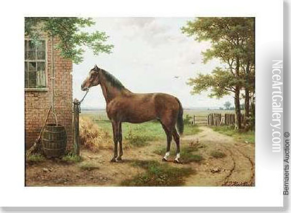 Cheval Pres De La Ferme. Oil Painting - Hendrik Pieter Koekkoek